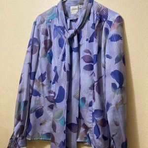 Vintage Pykettes Women's Purple Floral Hidden Button Tie Collar Blouse Size 4